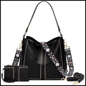 Studded Hobo Tote Bag Set with Boho Guitar Strap and Wallet Pouch